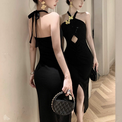 Halter Neck High Waist Slim Fit Slit Hollow Dress