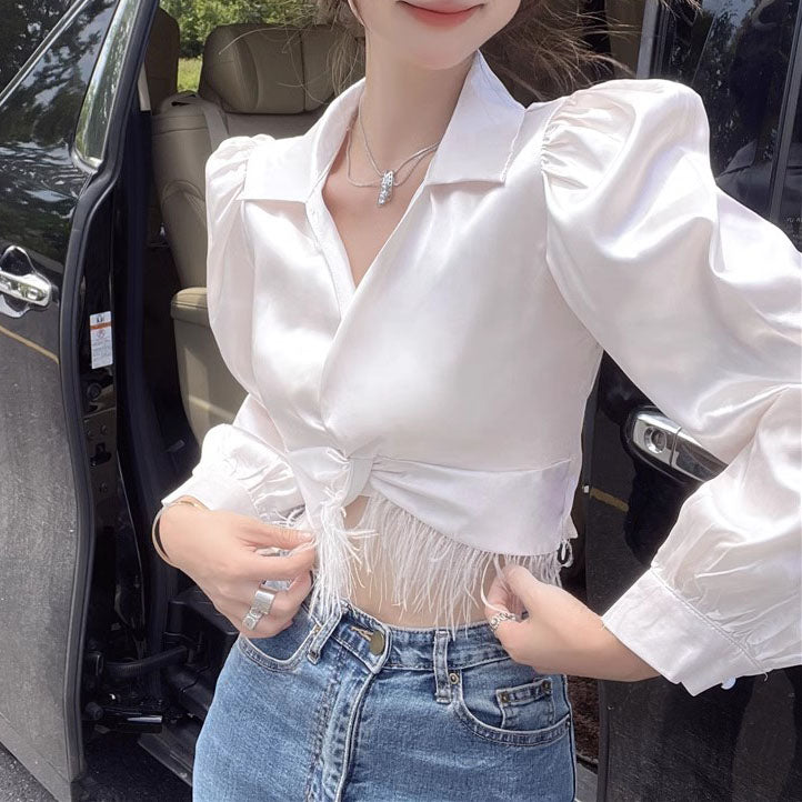 Irregular Tassel High Waist Slimming Shirt