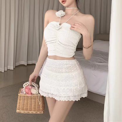 Sweet Halterneck Decorative Flower Crop Top