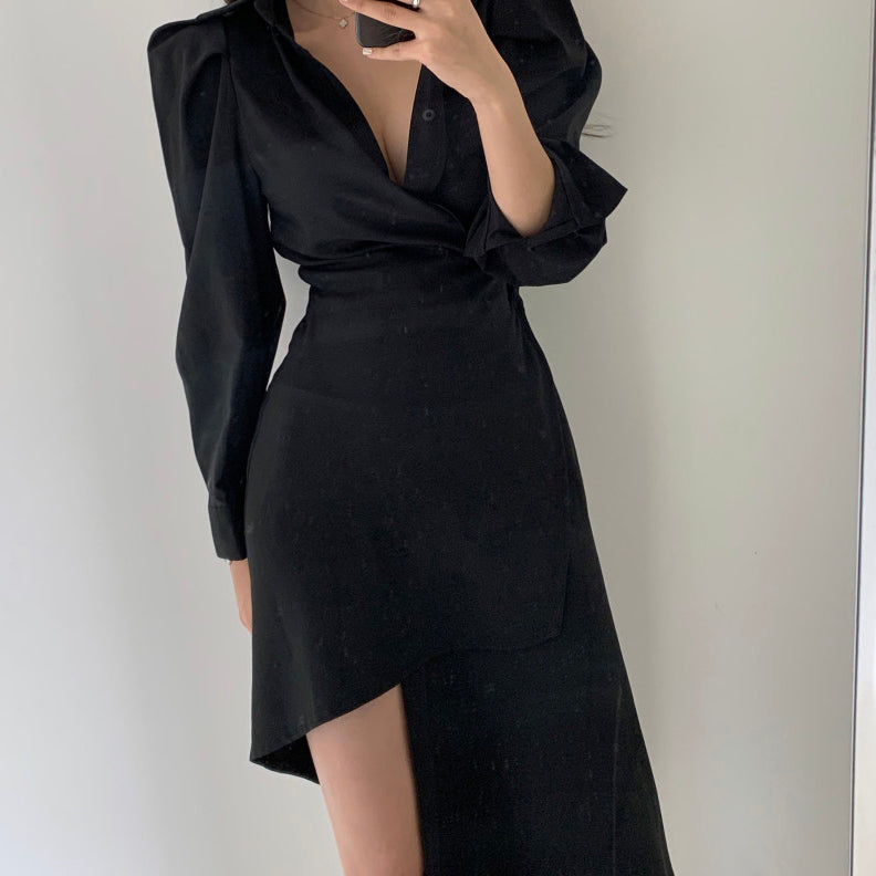 Retro Temperament Irregular Long Sleeve Dress