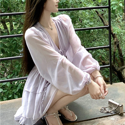 Purple V-Neck Tie Chiffon Dress