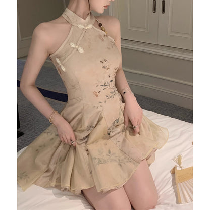 New Chinese Style Sleeveless Halter Neck Suspender Dress