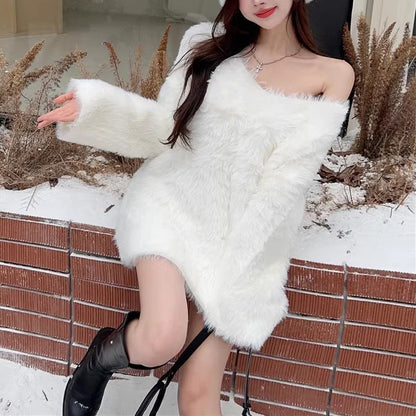 Lazy Fluffy Thick White Knitted Long Sleeve Sweater