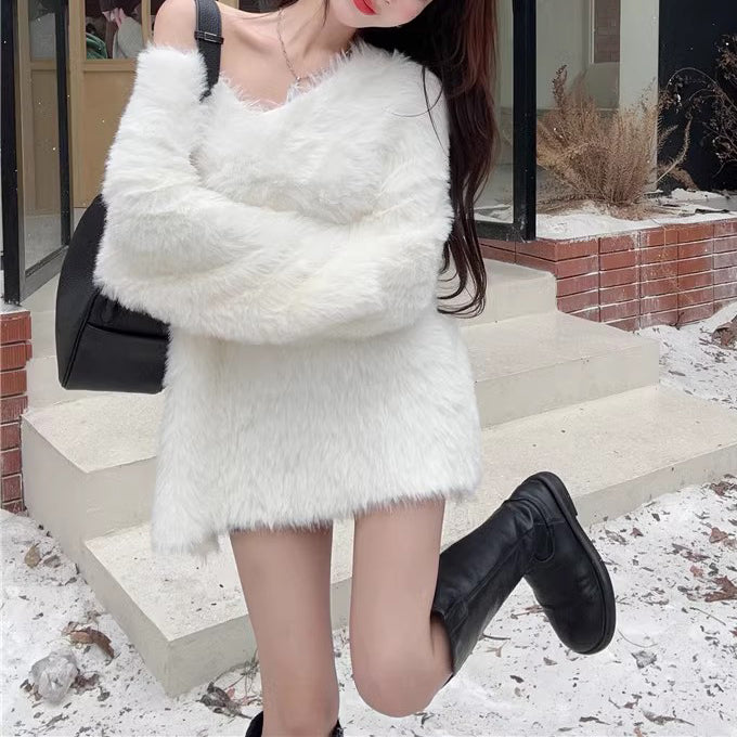 Lazy Fluffy Thick White Knitted Long Sleeve Sweater