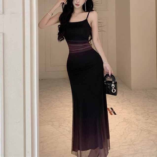 Elegant Pleated Waist Gradient Mesh Dress