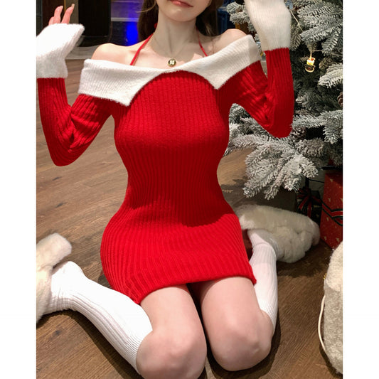 Christmas Sexy One Shoulder Knitted Sweater Dress