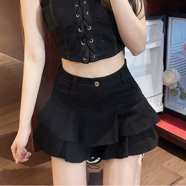 70% High Waist Slim Fit Ruffled Denim Skirt