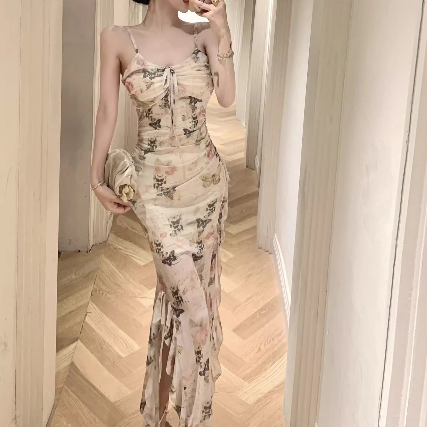 Sexy Printed Suspender Backless Dress