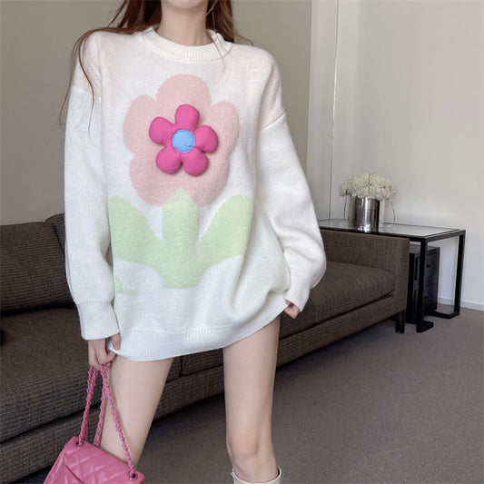 Fashionable Loose Round Neck Pullover Floral Long-Sleeved Knitted Sweater