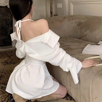 One-Shoulder Strapped Waist Long-Sleeved White Shirt