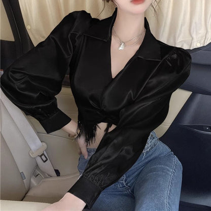 Irregular Tassel High Waist Slimming Shirt