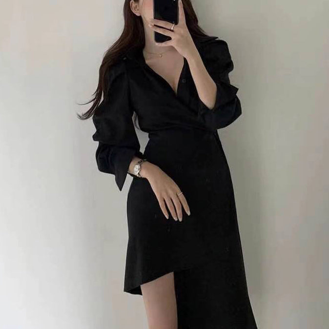 Retro Temperament Irregular Long Sleeve Dress