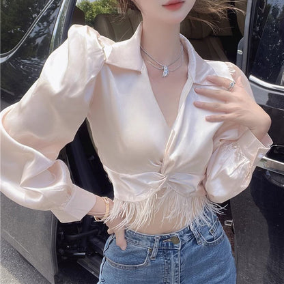 Irregular Tassel High Waist Slimming Shirt