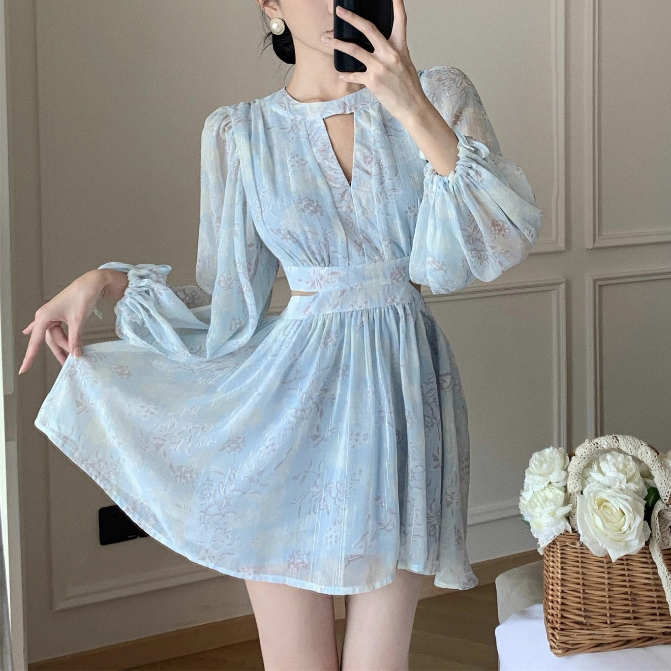 French Sexy Hollow Waist Print Dress