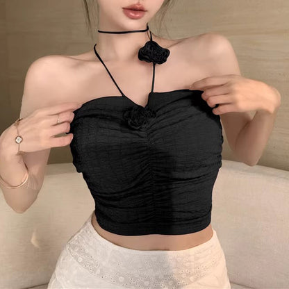 Sweet Halterneck Decorative Flower Crop Top