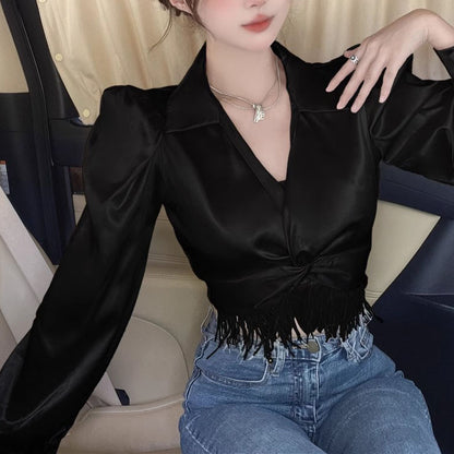 Irregular Tassel High Waist Slimming Shirt