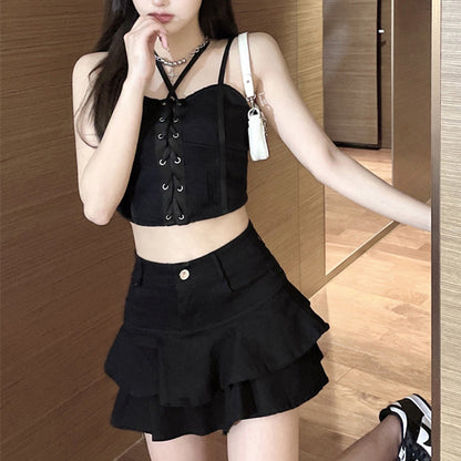 70% High Waist Slim Fit Ruffled Denim Skirt