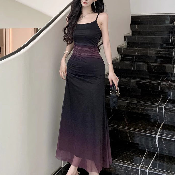 Elegant Pleated Waist Gradient Mesh Dress