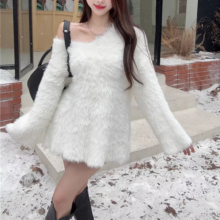 Lazy Fluffy Thick White Knitted Long Sleeve Sweater