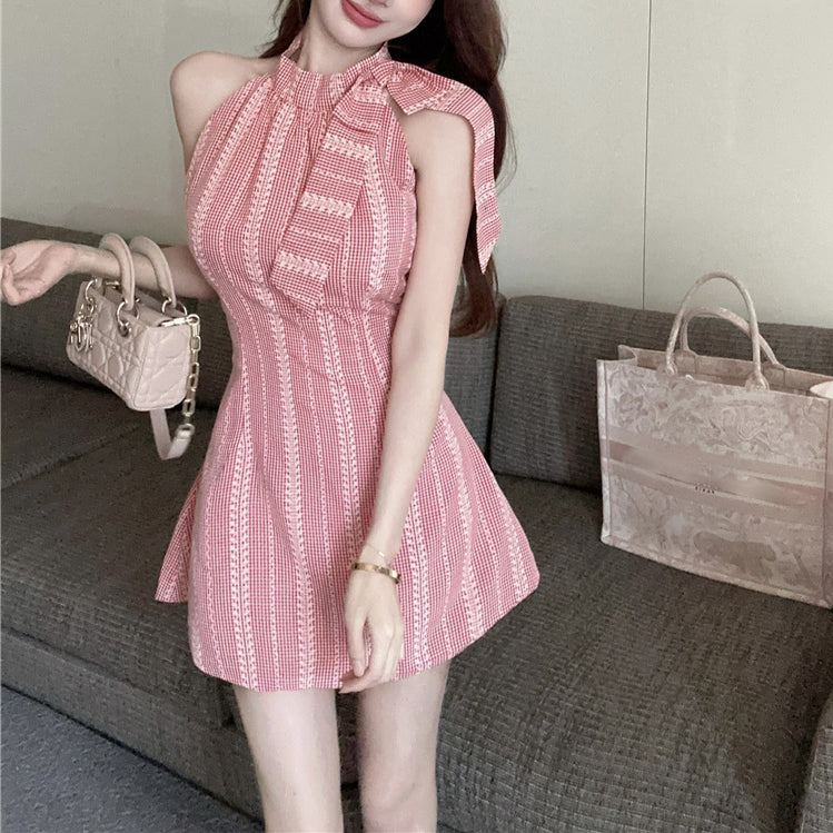 Halter Neck Bow Tie Striped Dress