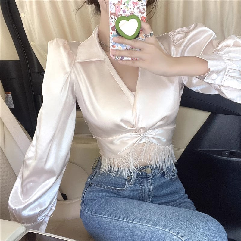 Irregular Tassel High Waist Slimming Shirt