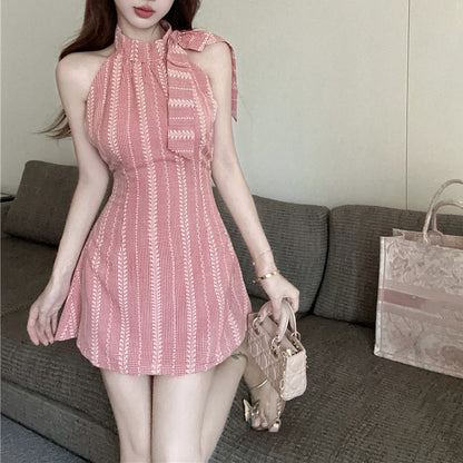 Halter Neck Bow Tie Striped Dress