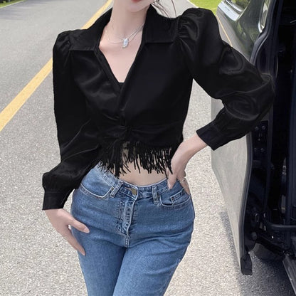 Irregular Tassel High Waist Slimming Shirt