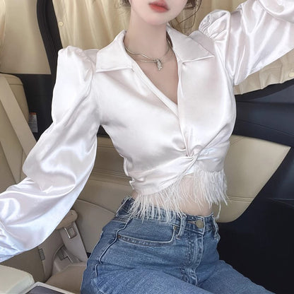 Irregular Tassel High Waist Slimming Shirt