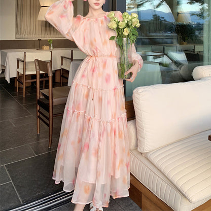 French Chiffon Floral Long-Sleeved Holiday Dress