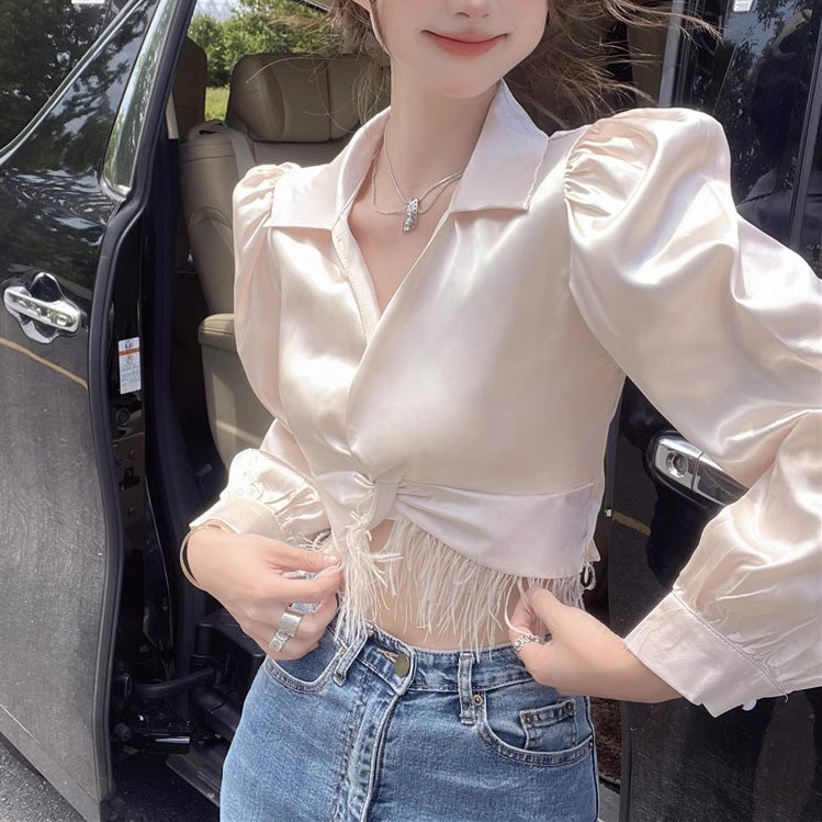 Irregular Tassel High Waist Slimming Shirt