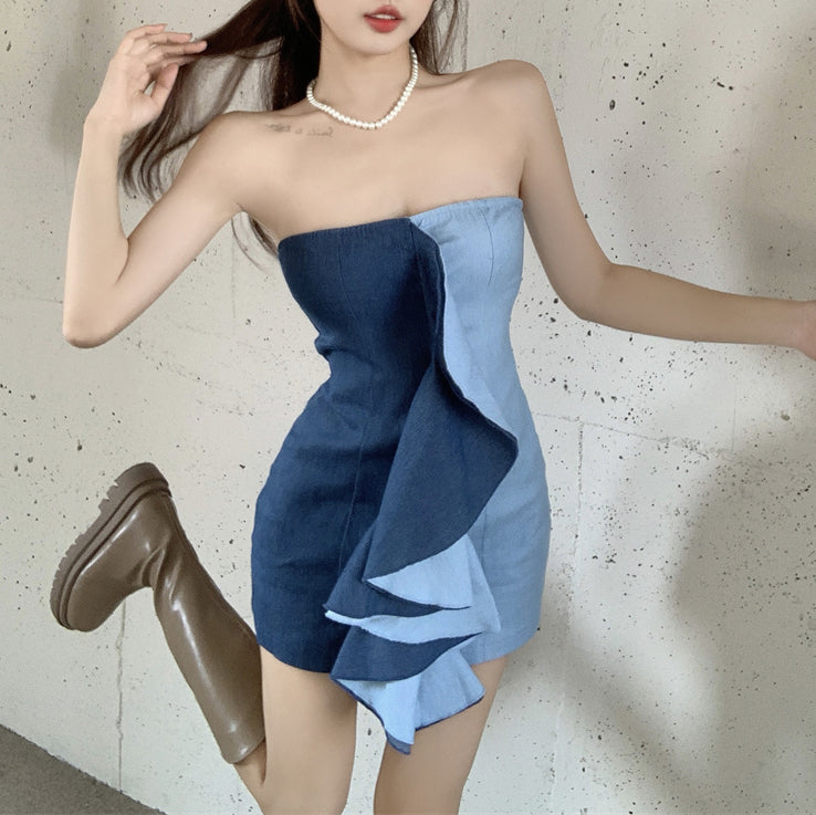 Contrast color stitching one-shoulder tube top sexy ruffle dress