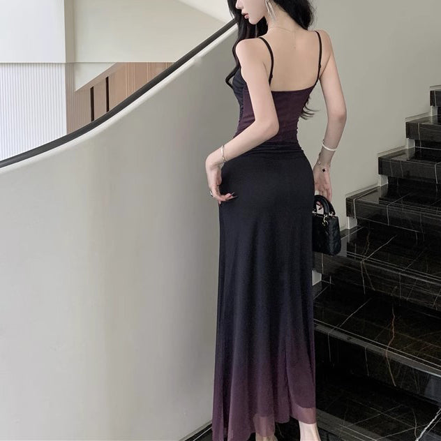 Elegant Pleated Waist Gradient Mesh Dress