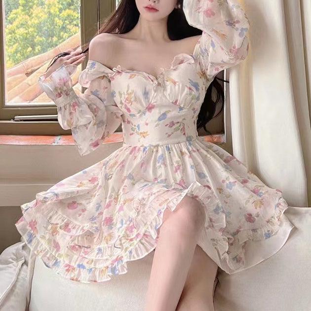 French Style One Shoulder Floral Long Sleeve Dress