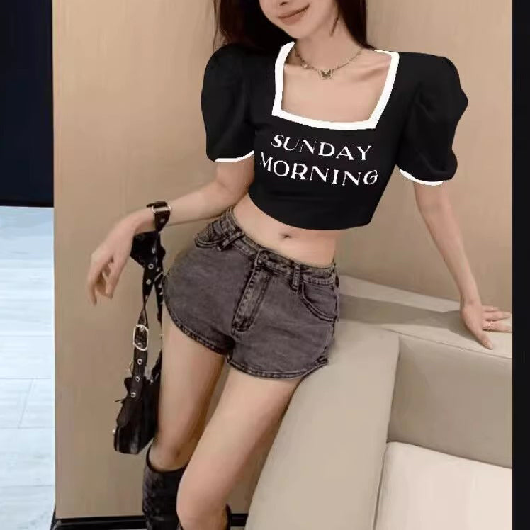 70% Short Sleeve Square Neck Slim Cropped T-Shirt