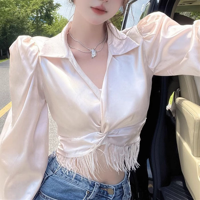 Irregular Tassel High Waist Slimming Shirt