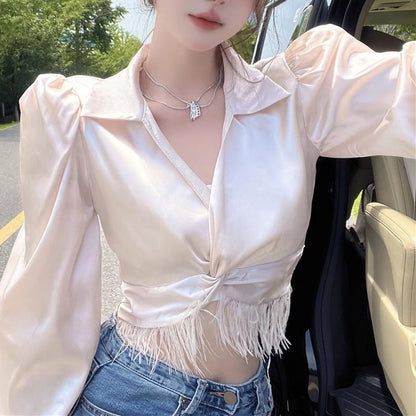 Irregular Tassel High Waist Slimming Shirt