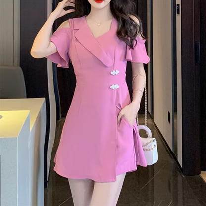 Elegant Strapless Suit Collar Dress