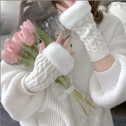 Knitted Wool Half-Finger Cute Twist Plush Thickened Fingerless Gloves