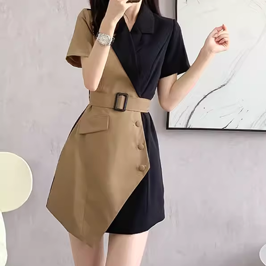 Colorblock Belted Waist Short-Sleeved Suit Dress