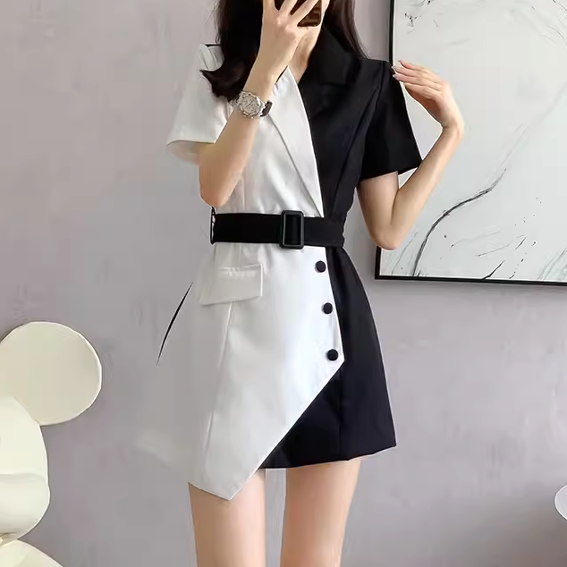 Colorblock Belted Waist Short-Sleeved Suit Dress