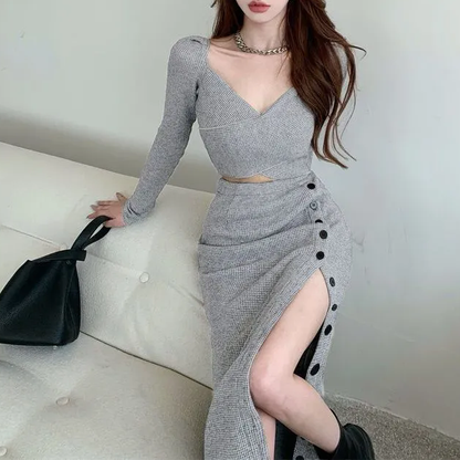 70% Slit V-Neck Slim Sexy High Waist Skirt Two Piece Suit