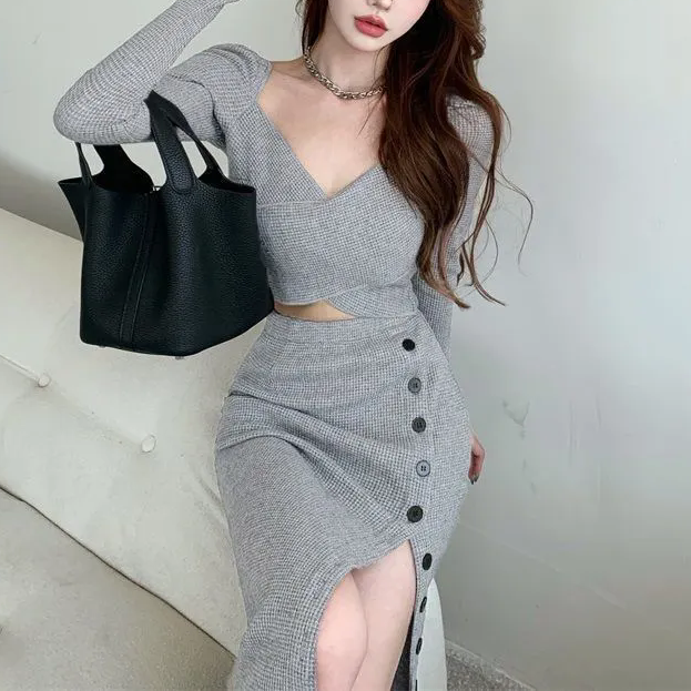 70% Slit V-Neck Slim Sexy High Waist Skirt Two Piece Suit