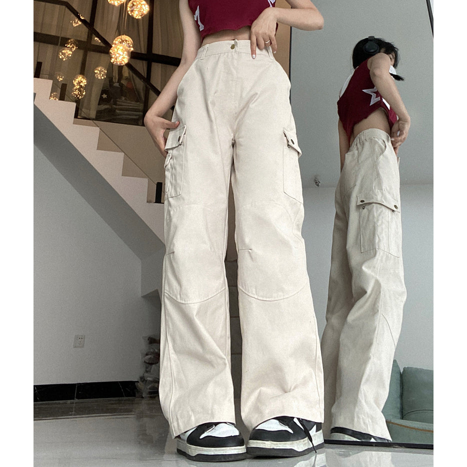 Studded Pocket Cargo Straight Leg High Rise Trousers