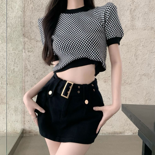 Plaid Short Sleeve T-Shirt Black Belt Skirt Suit