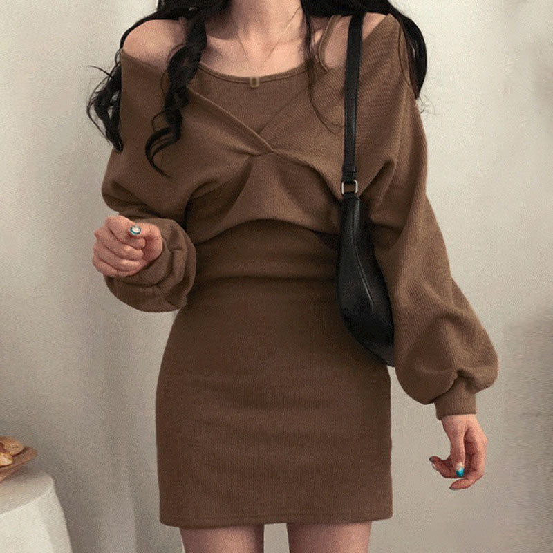 V-Neck Long Sleeve Off-Shoulder Short Dress Two-Piece Suit