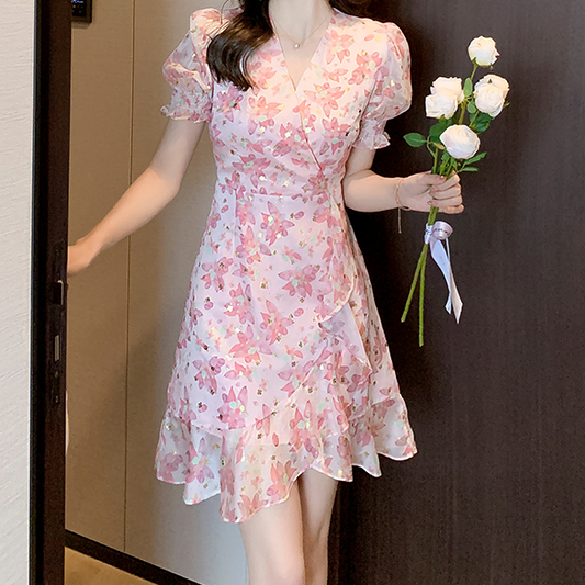 Floral V-Neck Chiffon Fishtail Dress