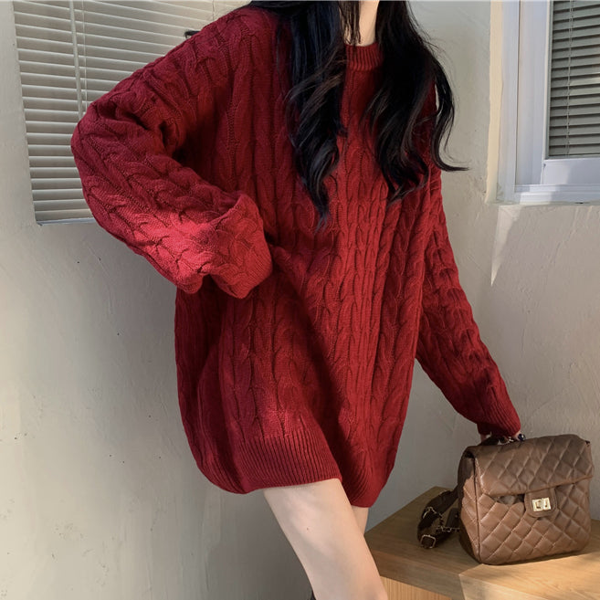 Red Twist Round Neck Loose Knit Sweater Top