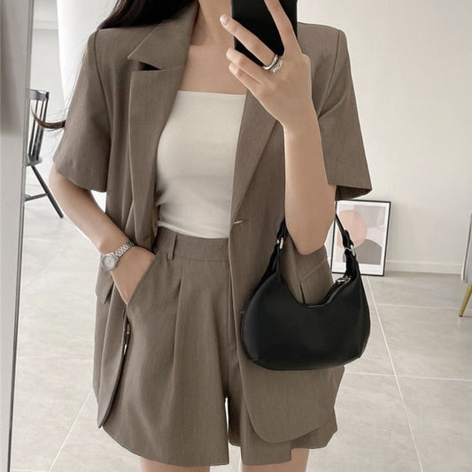 Two Button Short Sleeve Blazer Top Suit Shorts Set