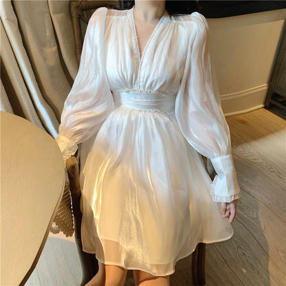 High Waist Ruffled V-Neck Puff Sleeve White Dress