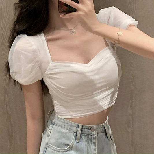 70% White Square Neck T-Shirt Puff Sleeve Crop Top